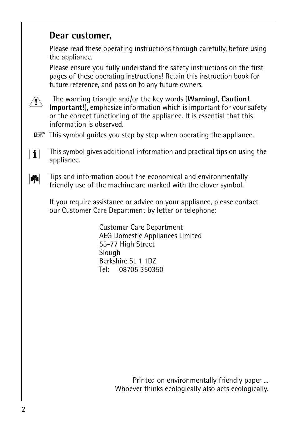 Dear customer | Electrolux 57700 User Manual | Page 2 / 40