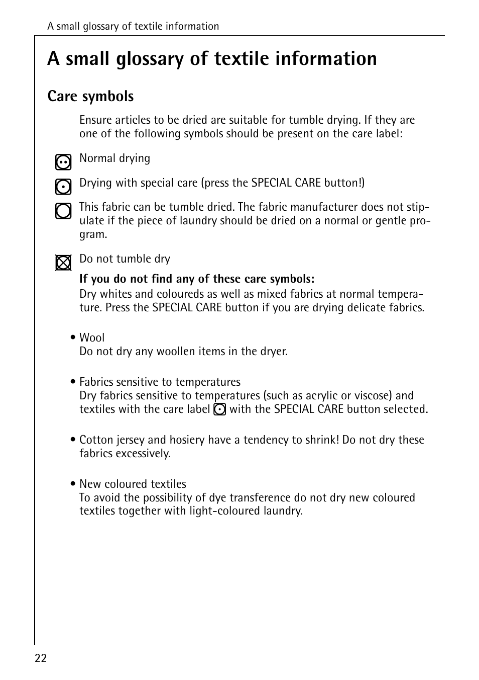 A small glossary of textile information, Care symbols | Electrolux 57700 User Manual | Page 22 / 40