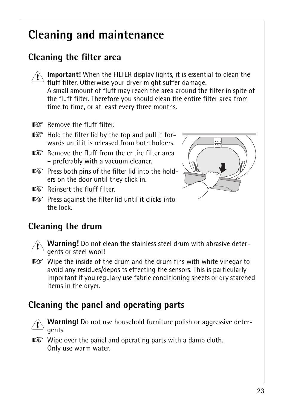 Cleaning and maintenance, Cleaning the filter area, Cleaning the drum | Cleaning the panel and operating parts | Electrolux 57700 User Manual | Page 23 / 40