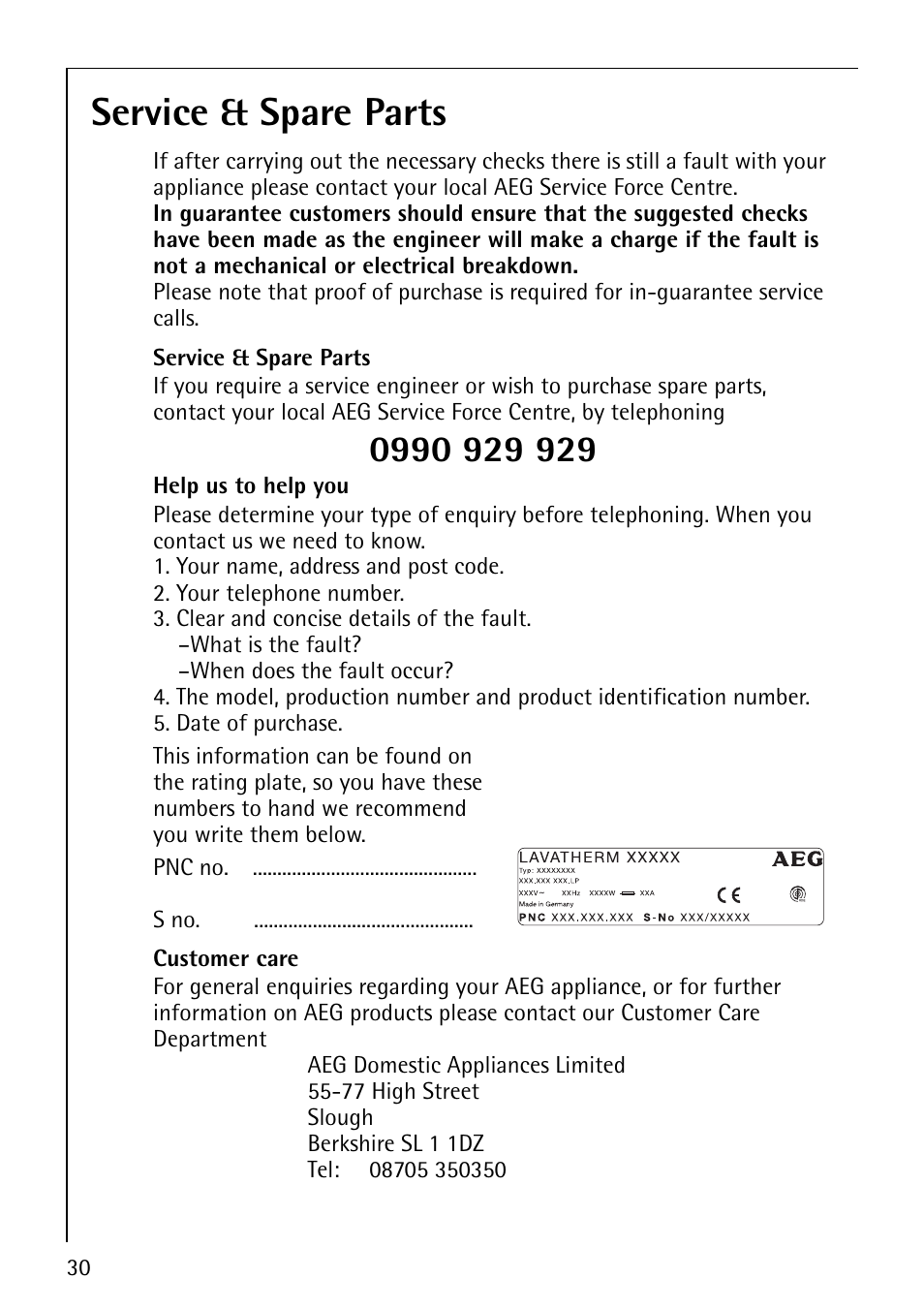 Service & spare parts | Electrolux 57700 User Manual | Page 30 / 40