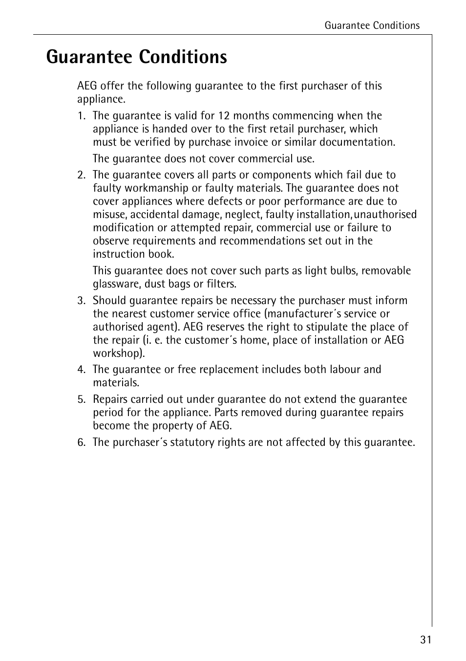 Guarantee conditions | Electrolux 57700 User Manual | Page 31 / 40