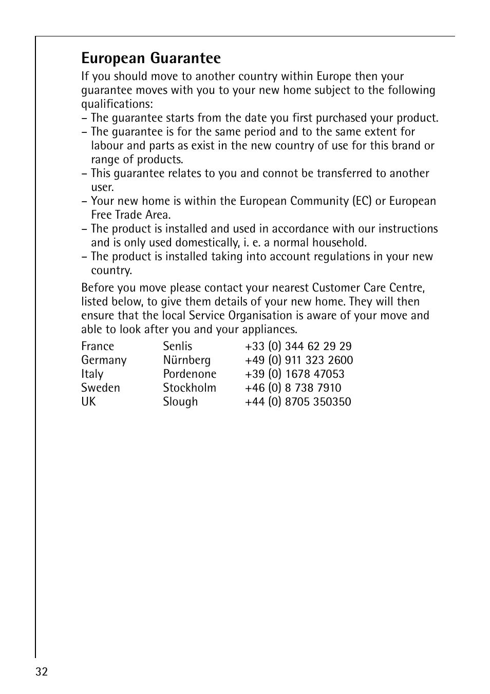 European guarantee | Electrolux 57700 User Manual | Page 32 / 40