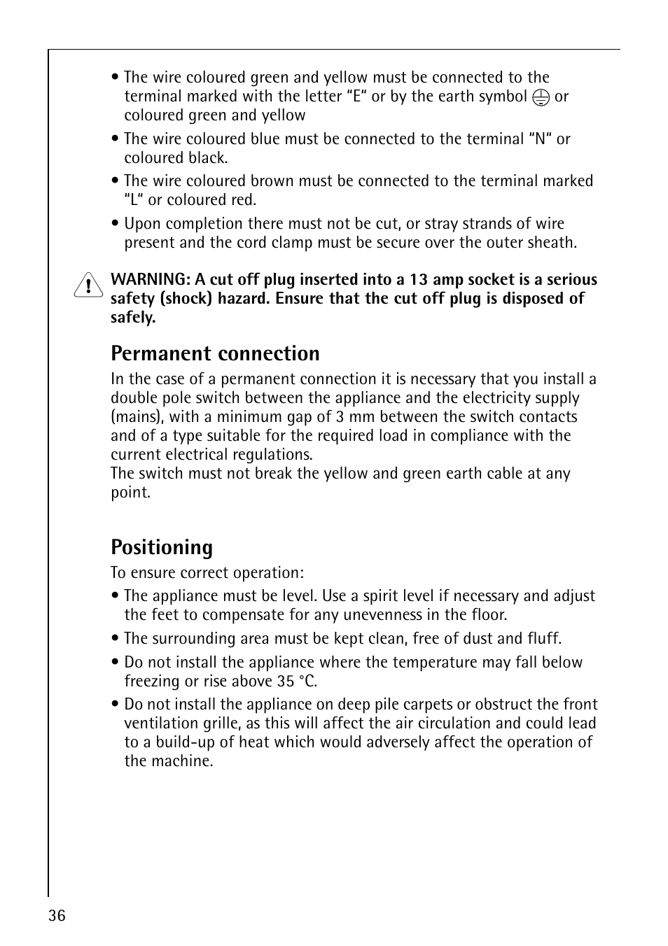Permanent connection, Positioning | Electrolux 57700 User Manual | Page 36 / 40