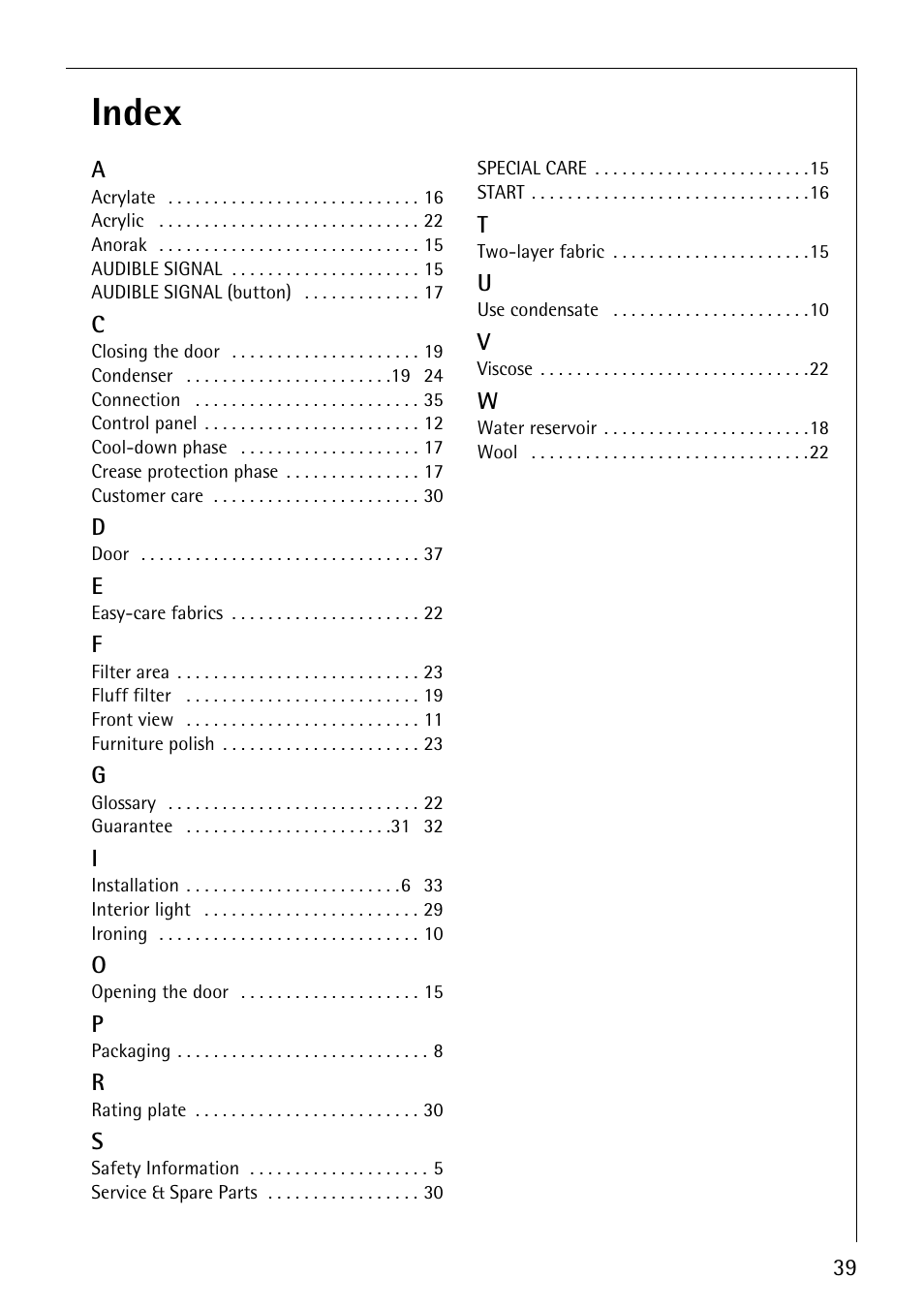 Index | Electrolux 57700 User Manual | Page 39 / 40