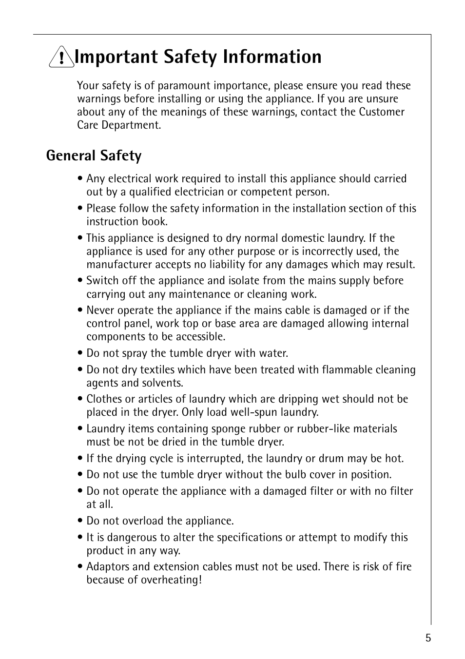 1 important safety information, General safety | Electrolux 57700 User Manual | Page 5 / 40