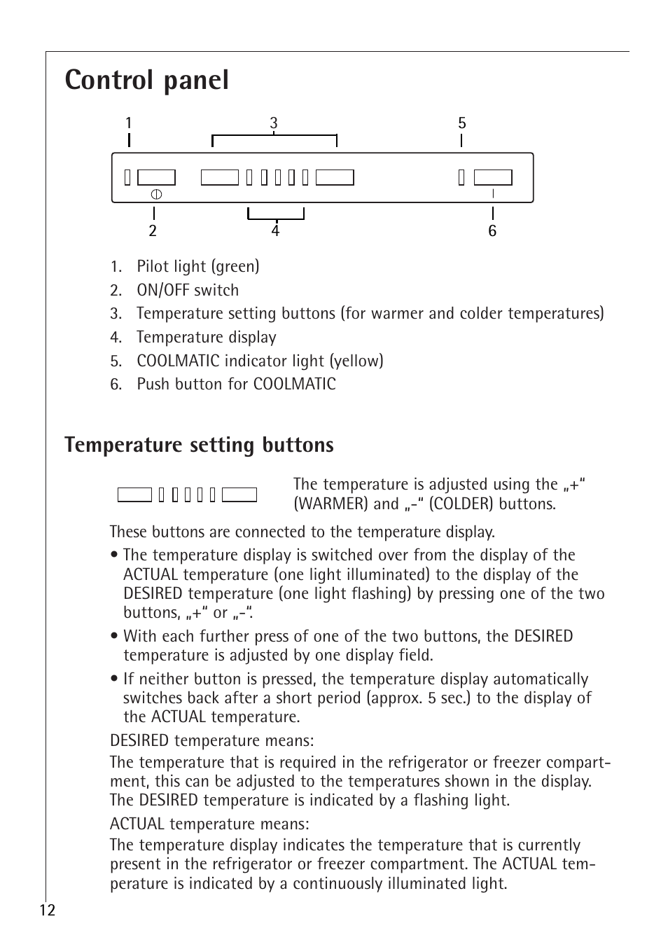 Control panel, Temperature setting buttons | Electrolux 1683-7 TK User Manual | Page 12 / 28