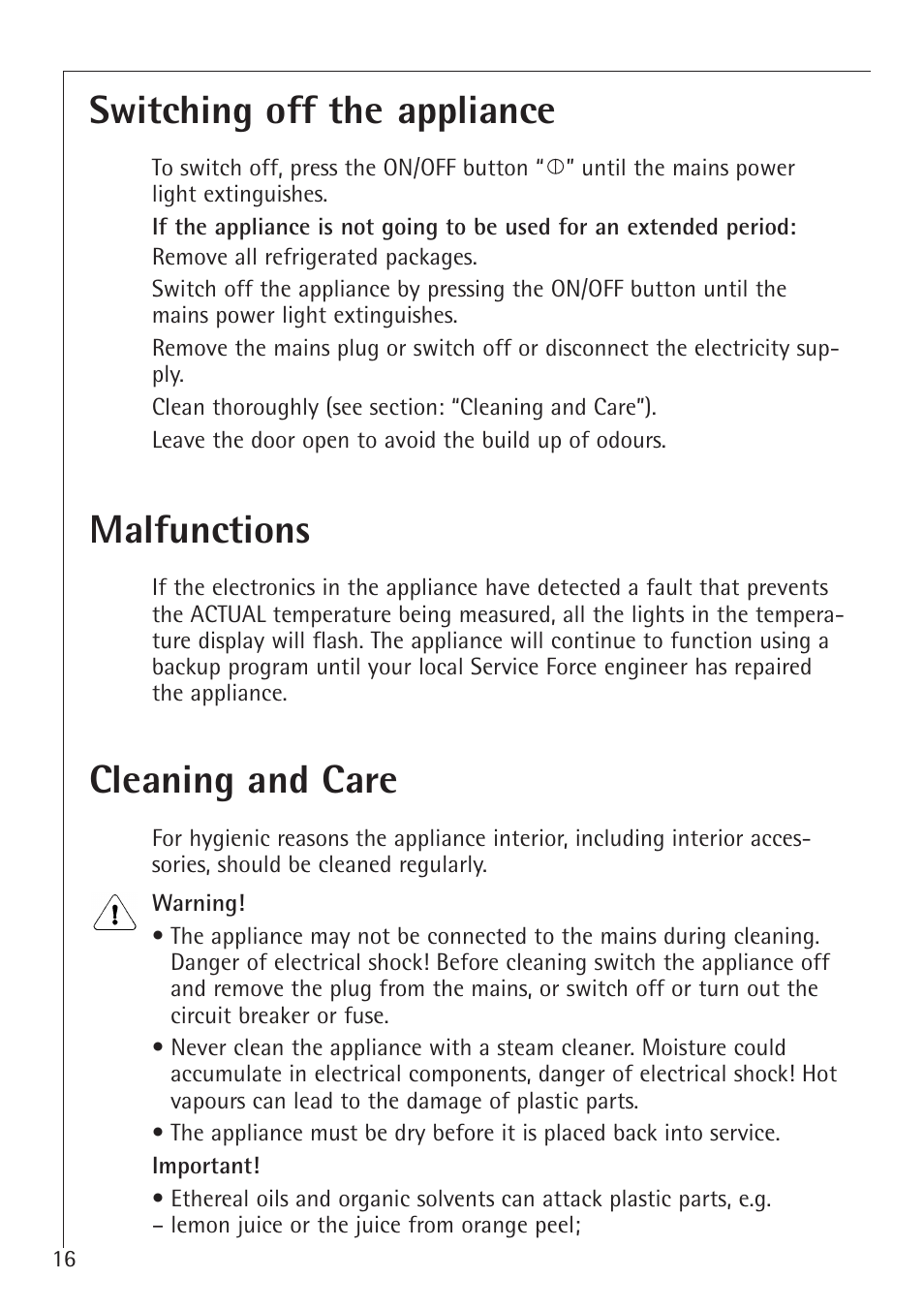 Switching off the appliance, Cleaning and care, Malfunctions | Electrolux 1683-7 TK User Manual | Page 16 / 28