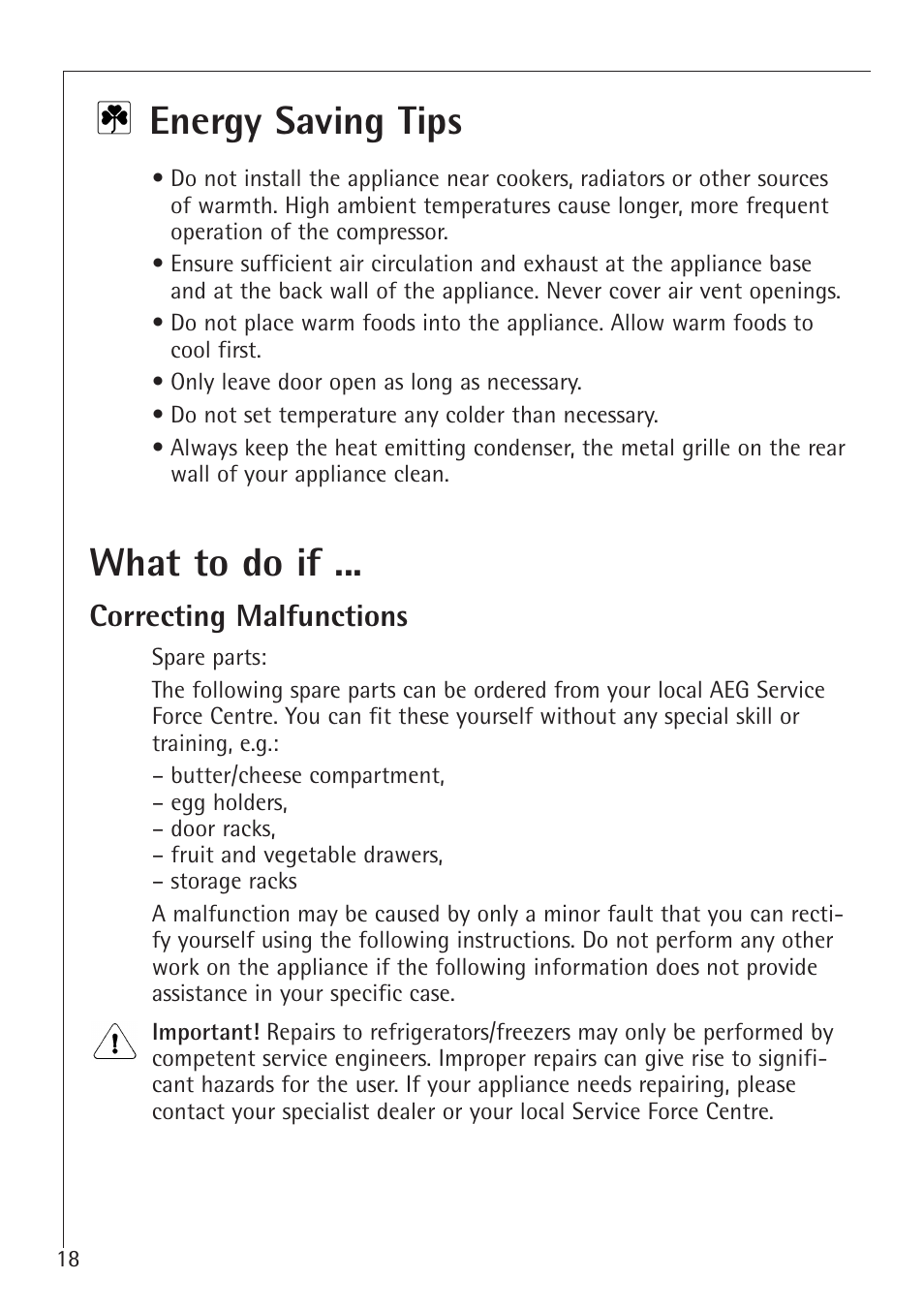 Energy saving tips, What to do if, Correcting malfunctions | Electrolux 1683-7 TK User Manual | Page 18 / 28