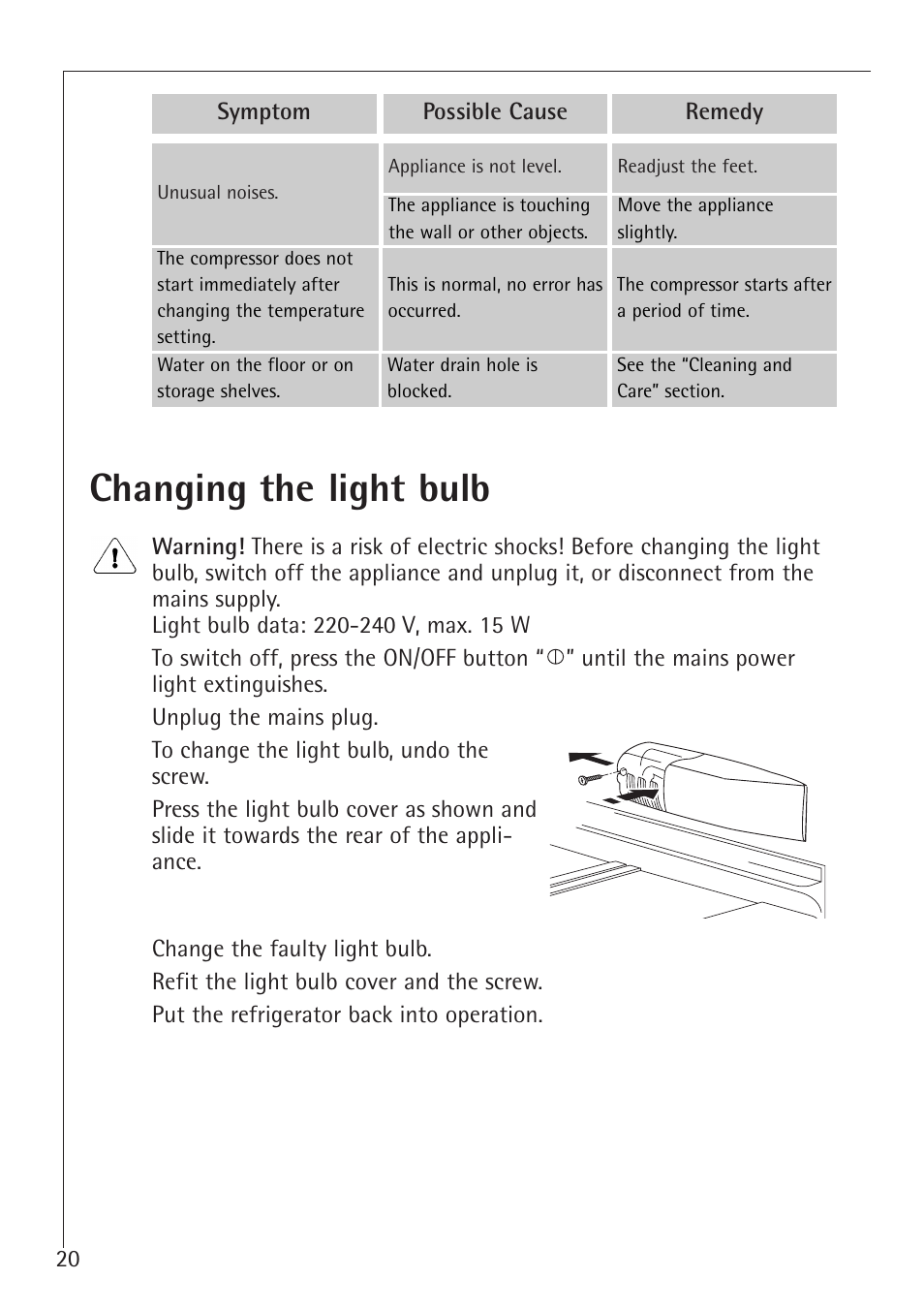Changing the light bulb | Electrolux 1683-7 TK User Manual | Page 20 / 28