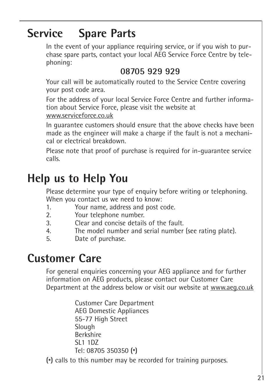 Service & spare parts, Help us to help you, Customer care | Electrolux 1683-7 TK User Manual | Page 21 / 28