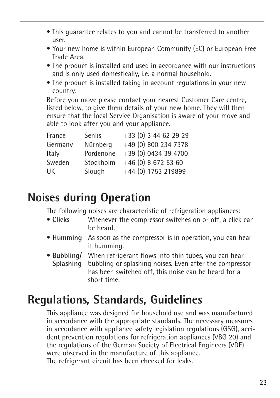 Noises during operation, Regulations, standards, guidelines | Electrolux 1683-7 TK User Manual | Page 23 / 28