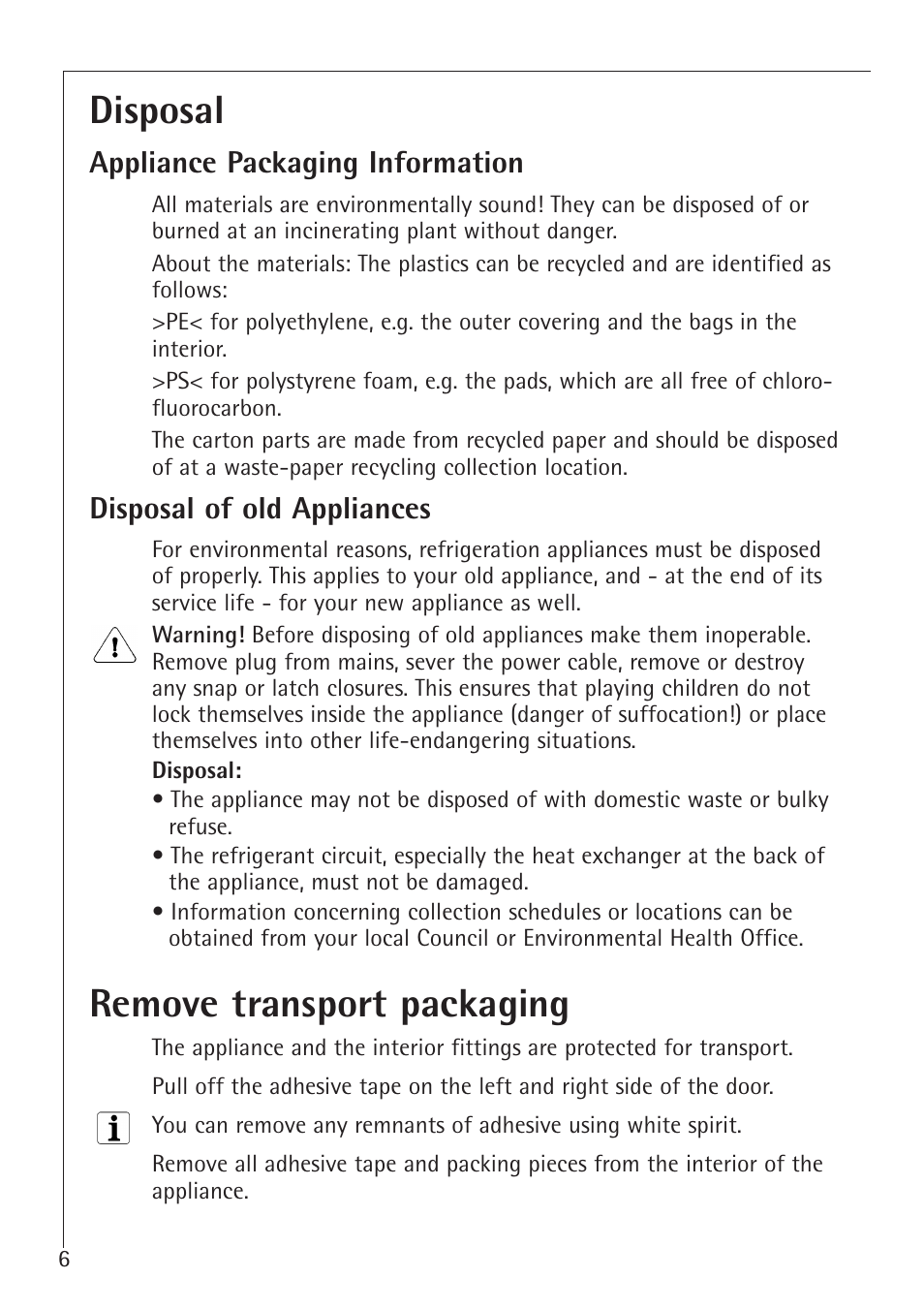 Disposal, Remove transport packaging | Electrolux 1683-7 TK User Manual | Page 6 / 28