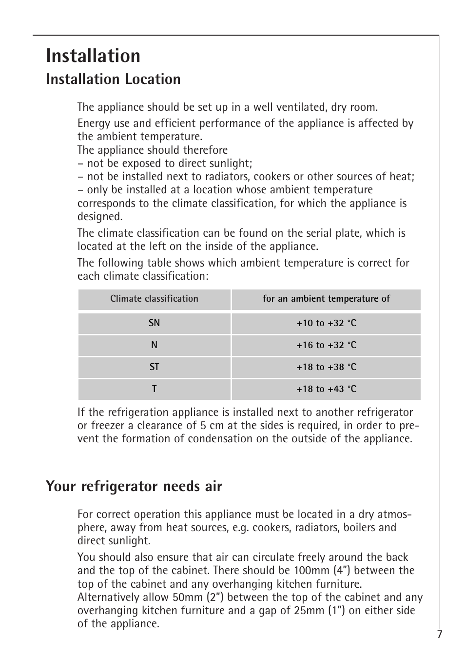 Installation, Installation location, Your refrigerator needs air | Electrolux 1683-7 TK User Manual | Page 7 / 28