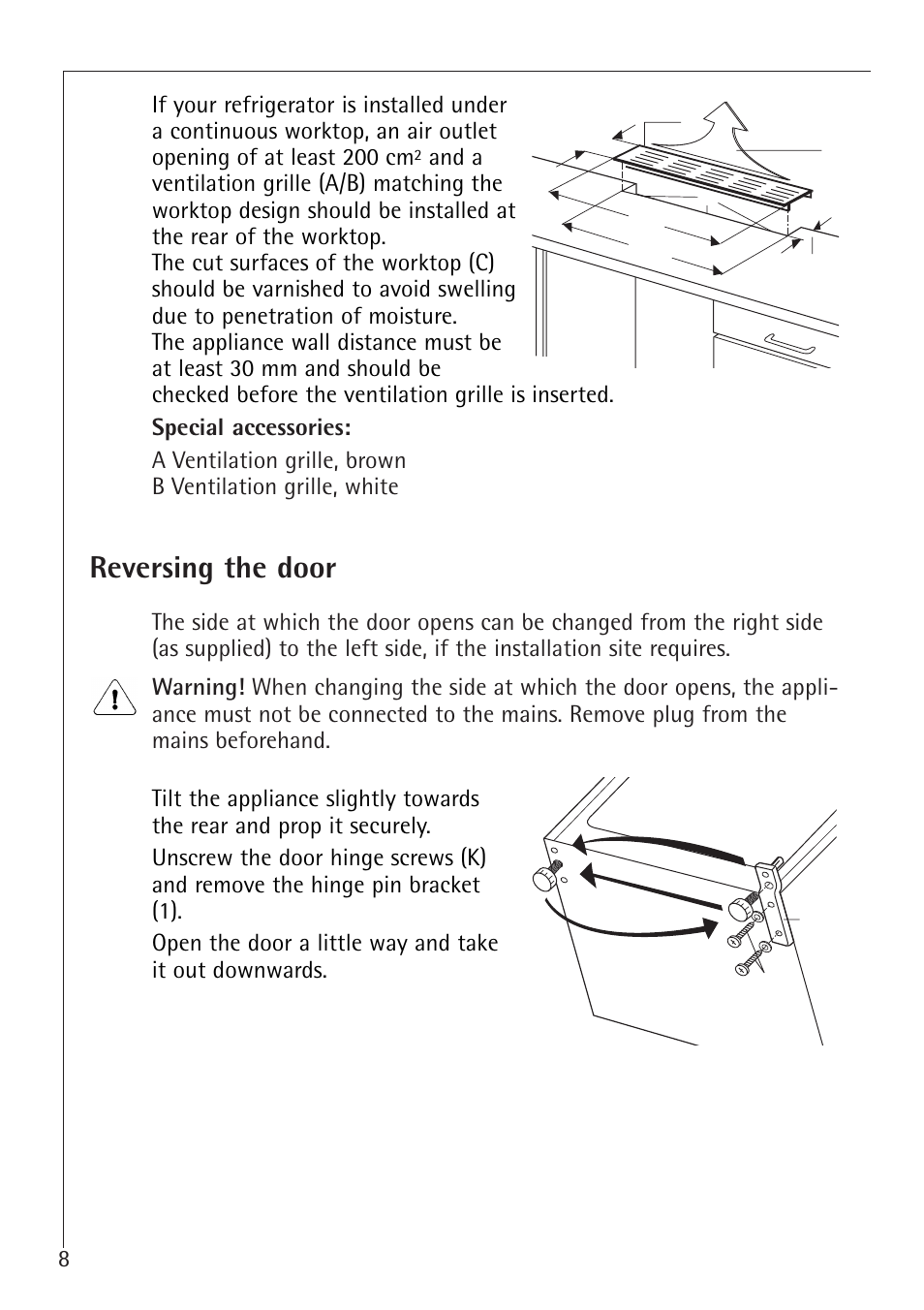 Reversing the door | Electrolux 1683-7 TK User Manual | Page 8 / 28