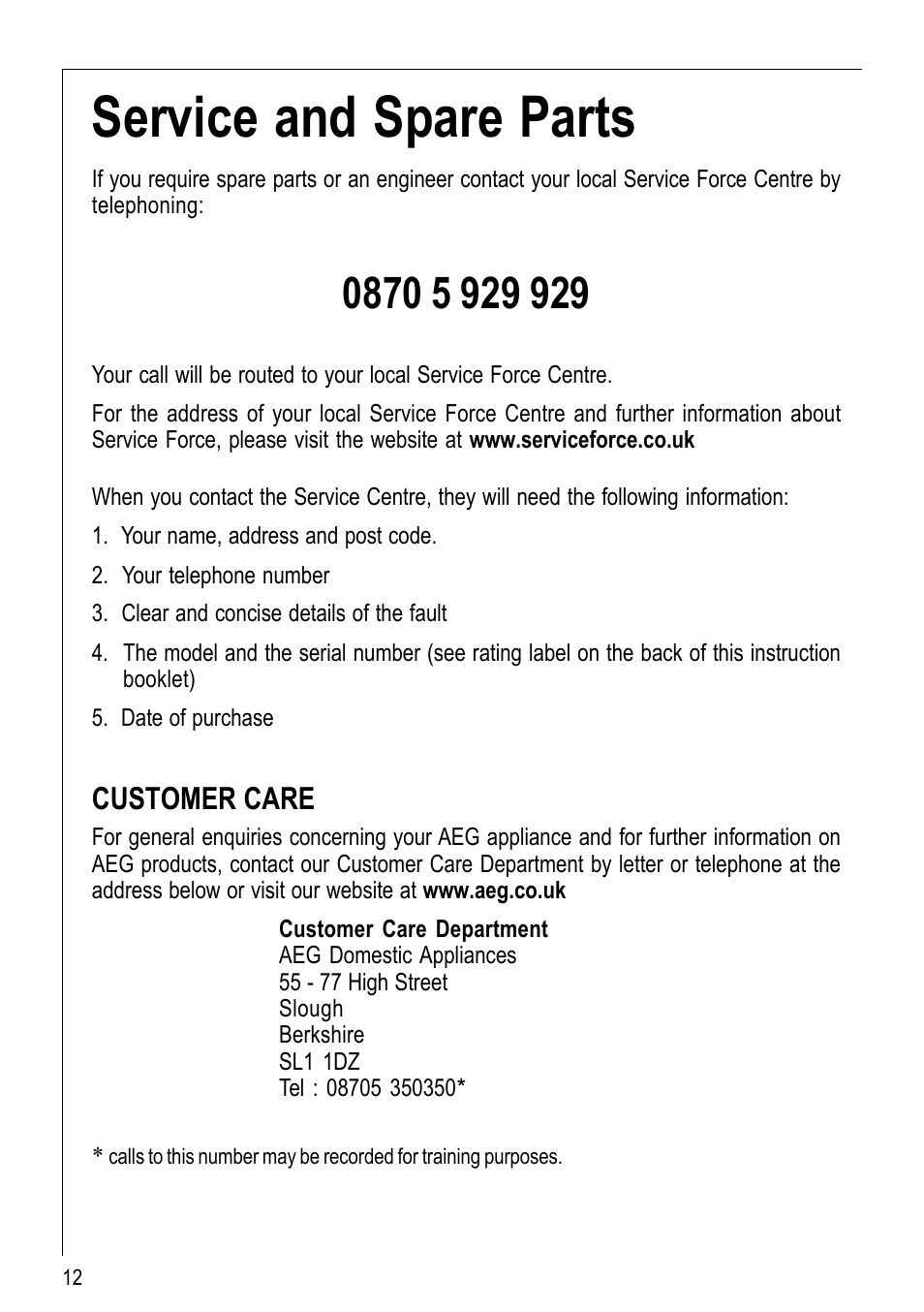 Service and spare parts, Customer care | Electrolux 116 K User Manual | Page 12 / 20