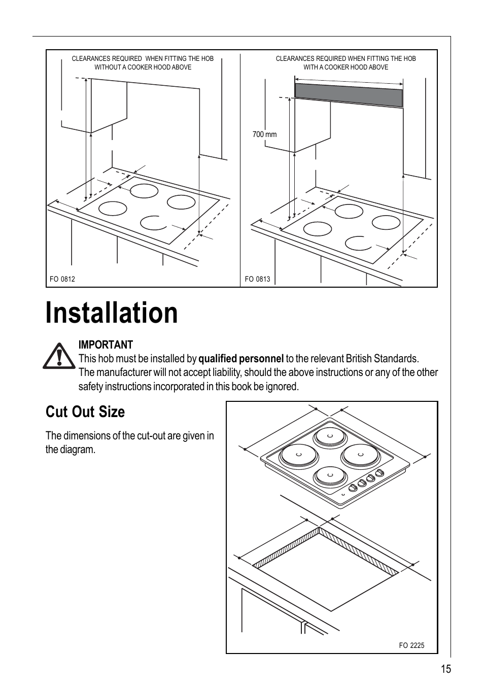 Installation, Cut out size | Electrolux 116 K User Manual | Page 15 / 20