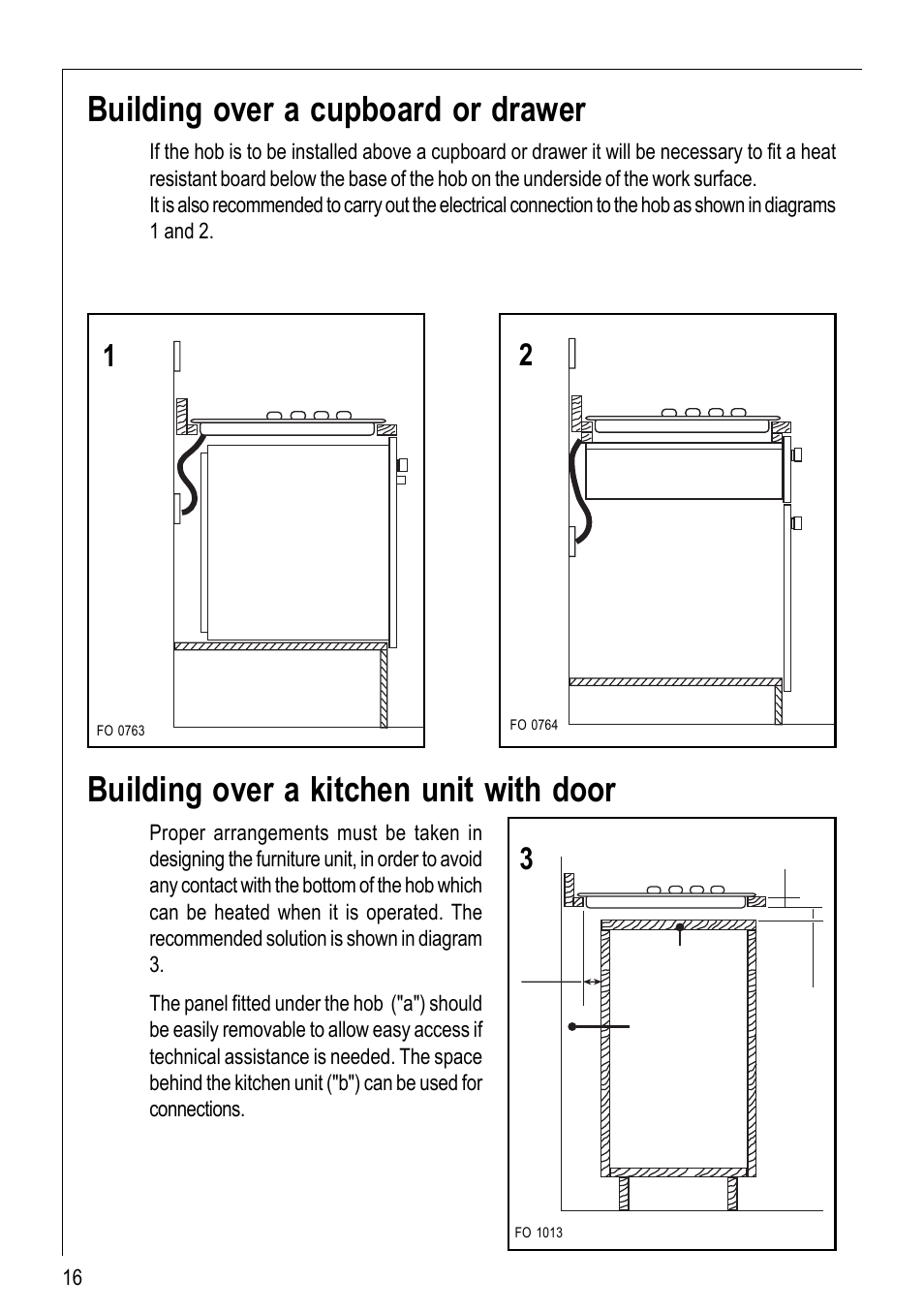 Building over a kitchen unit with door, Building over a cupboard or drawer | Electrolux 116 K User Manual | Page 16 / 20