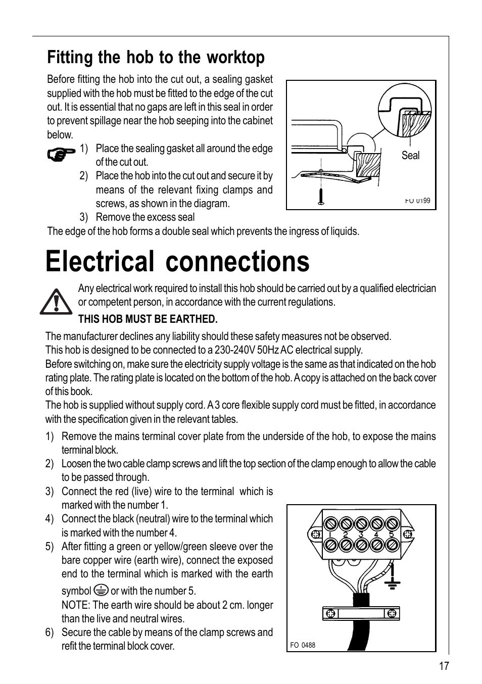 Electrical connections, Fitting the hob to the worktop | Electrolux 116 K User Manual | Page 17 / 20