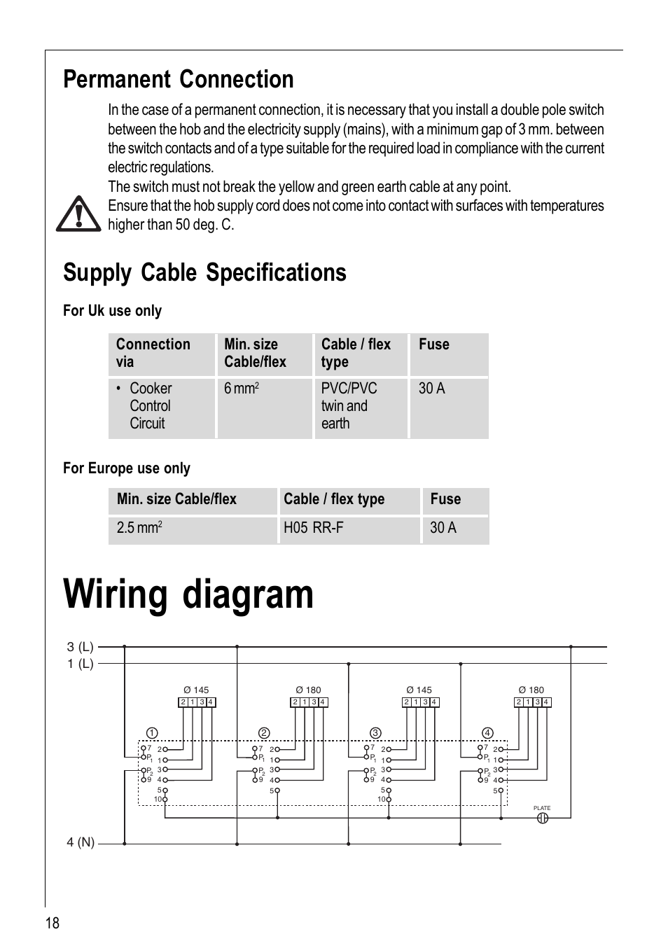 Wiring diagram, Permanent connection, Supply cable specifications | H05 rr-f 30 a | Electrolux 116 K User Manual | Page 18 / 20