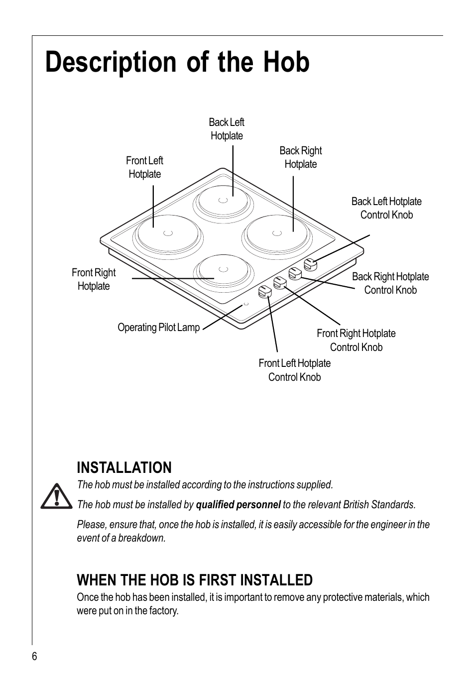 Description of the hob, Installation, When the hob is first installed | Electrolux 116 K User Manual | Page 6 / 20
