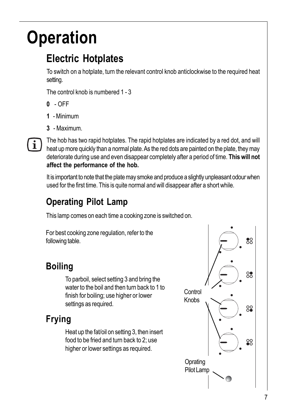 Operation, Electric hotplates, Boiling | Frying, Operating pilot lamp | Electrolux 116 K User Manual | Page 7 / 20