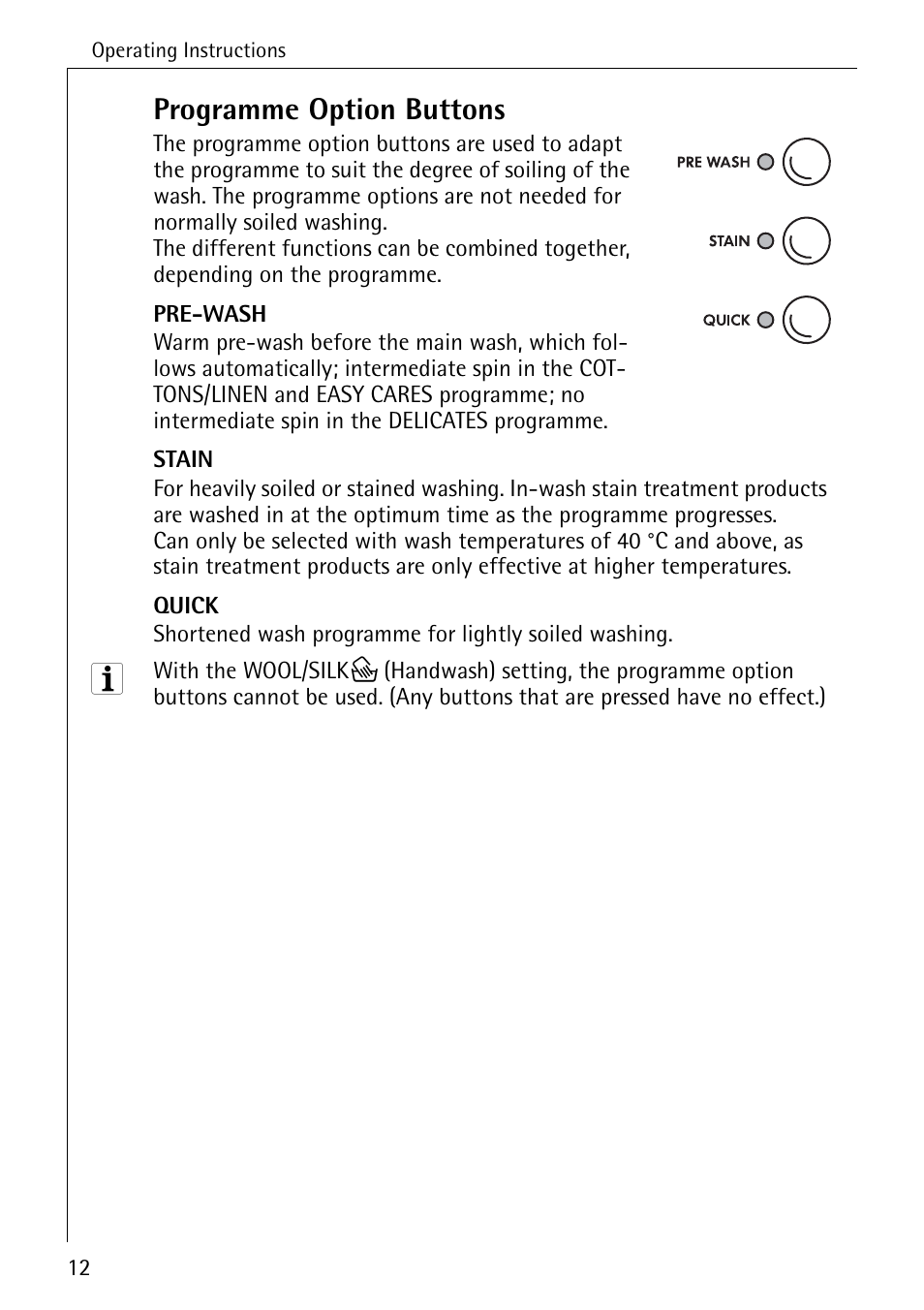 Programme option buttons | Electrolux W 1450 User Manual | Page 12 / 52