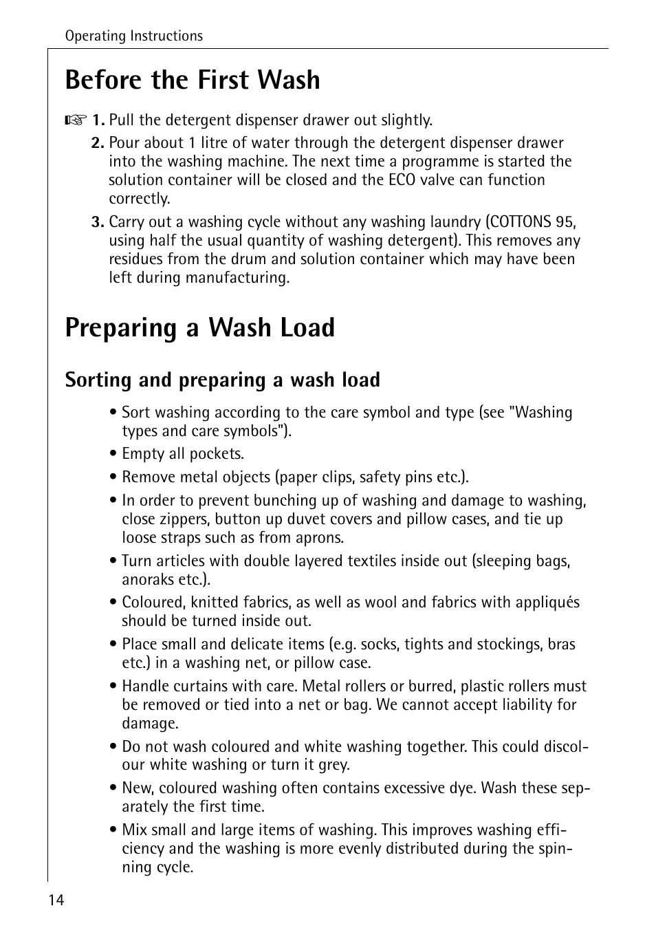 Before the first wash, Preparing a wash load, Sorting and preparing a wash load | Electrolux W 1450 User Manual | Page 14 / 52