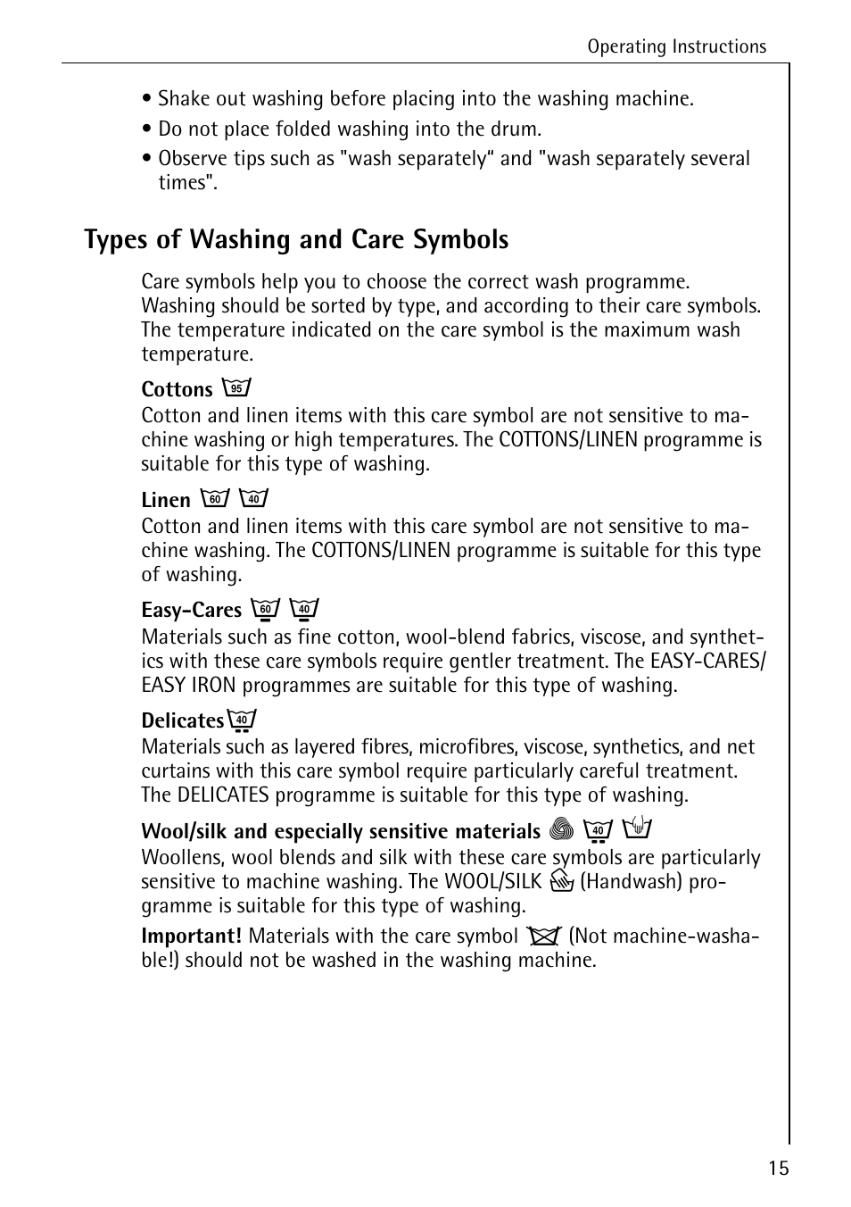 Types of washing and care symbols | Electrolux W 1450 User Manual | Page 15 / 52