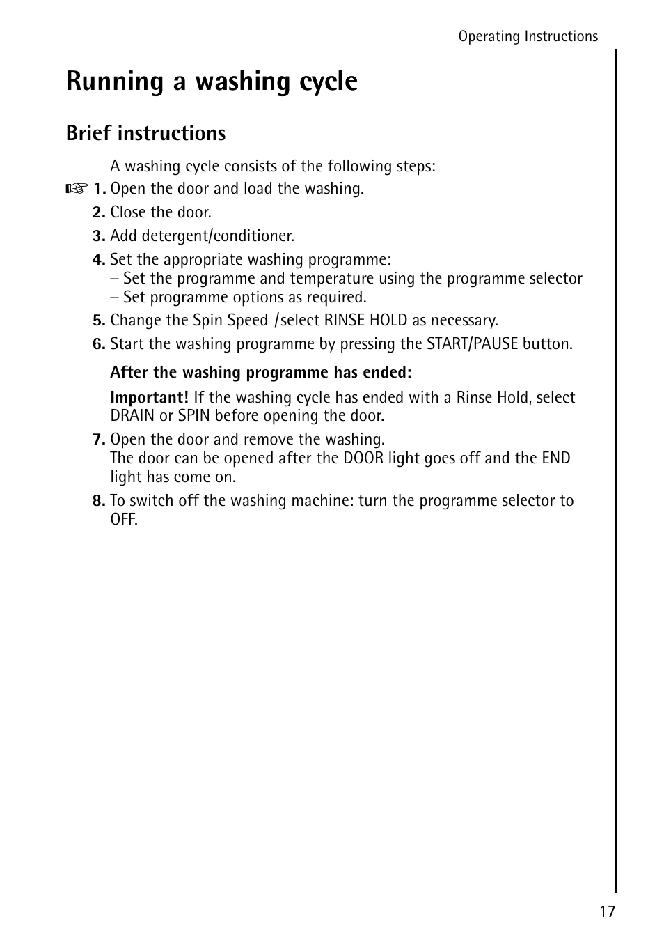 Running a washing cycle washing cycle, Brief instructions | Electrolux W 1450 User Manual | Page 17 / 52