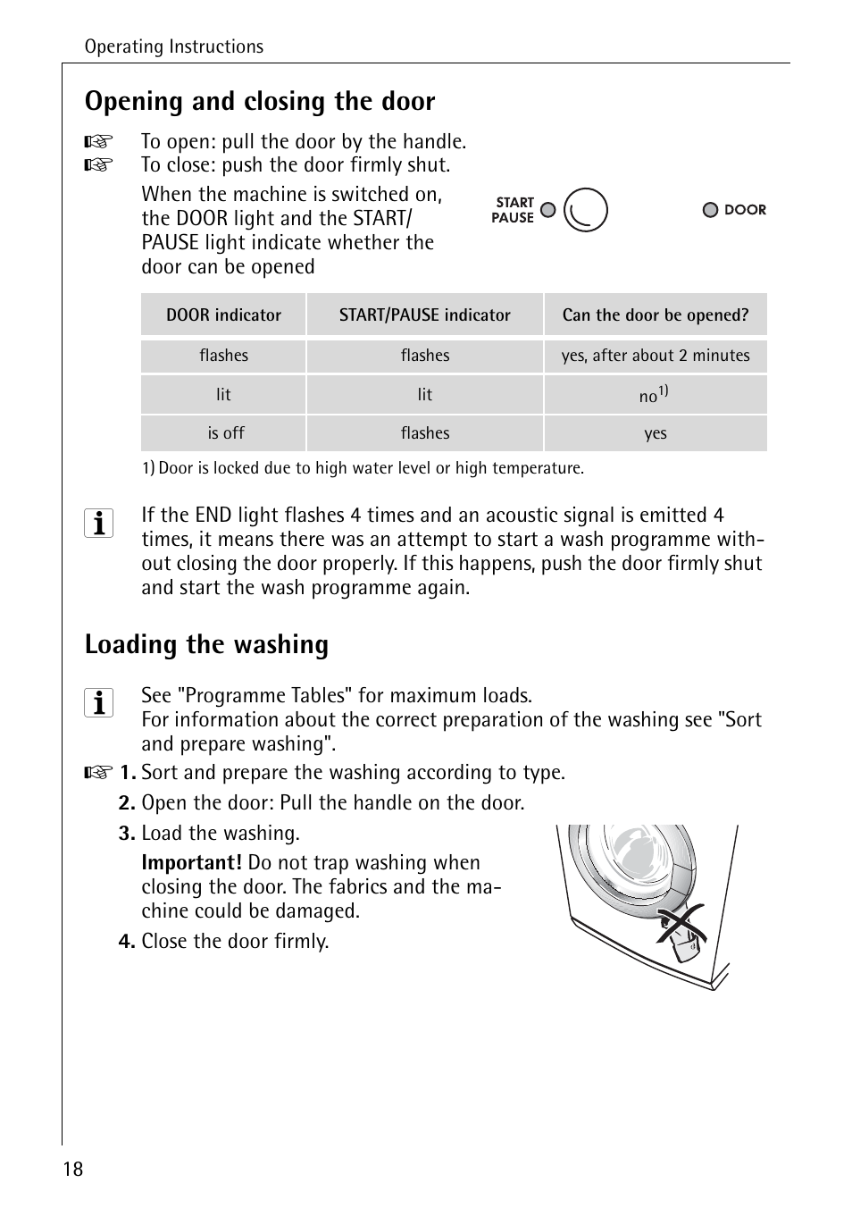 Opening and closing the door, Loading the washing | Electrolux W 1450 User Manual | Page 18 / 52