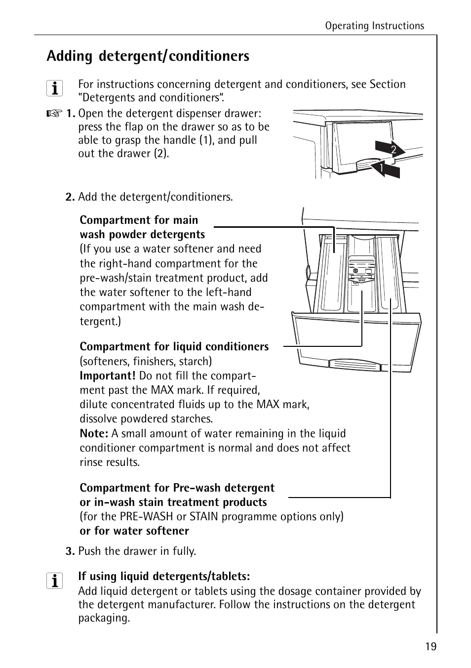 Adding detergent/conditioners | Electrolux W 1450 User Manual | Page 19 / 52