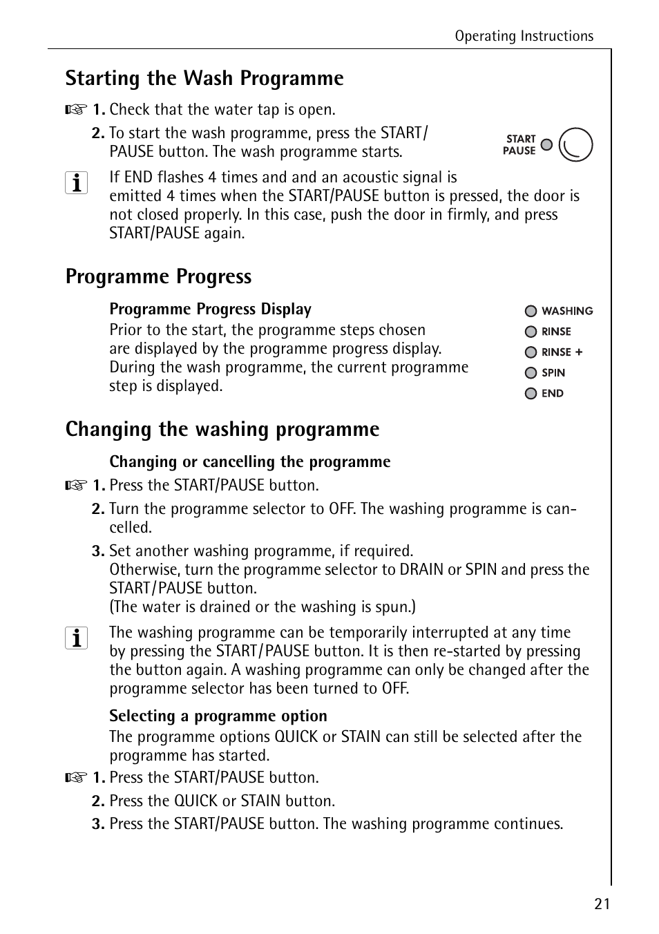 Starting the wash programme, Programme progress, Changing the washing programme | Electrolux W 1450 User Manual | Page 21 / 52