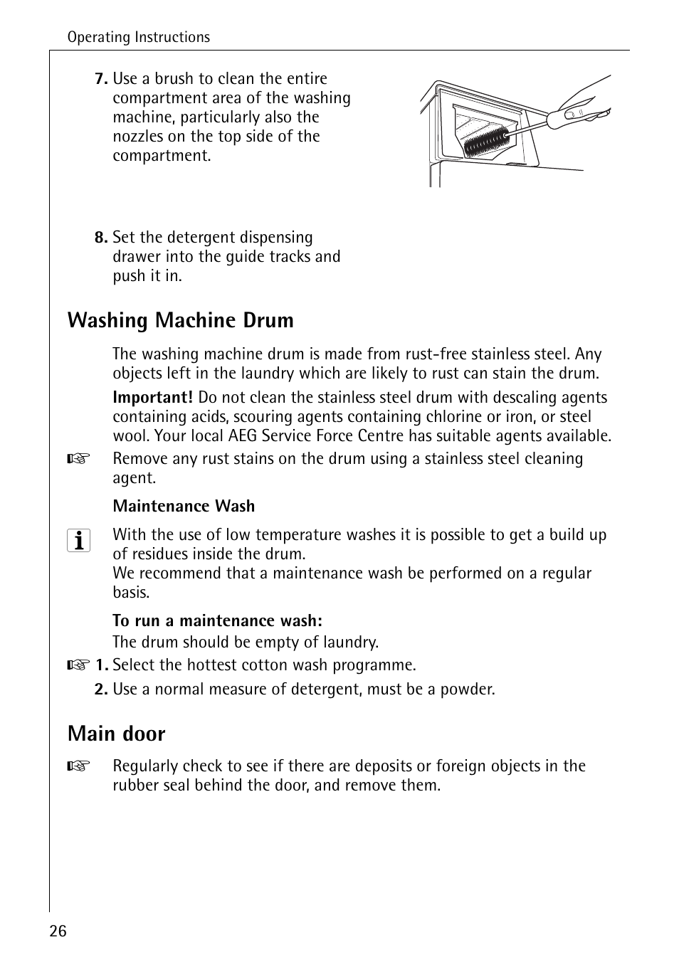 Washing machine drum, Main door | Electrolux W 1450 User Manual | Page 26 / 52