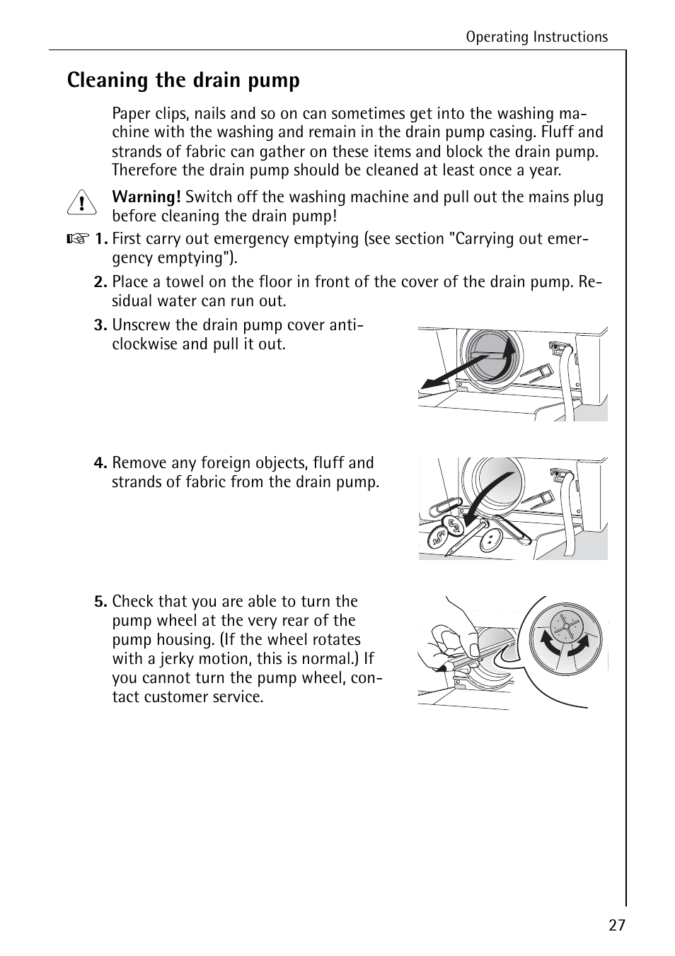 Cleaning the drain pump | Electrolux W 1450 User Manual | Page 27 / 52