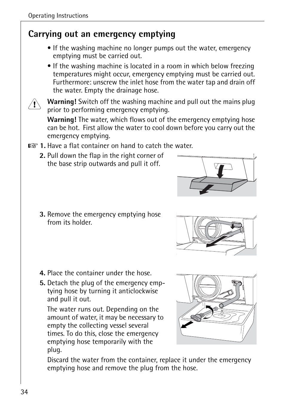 Carrying out an emergency emptying | Electrolux W 1450 User Manual | Page 34 / 52