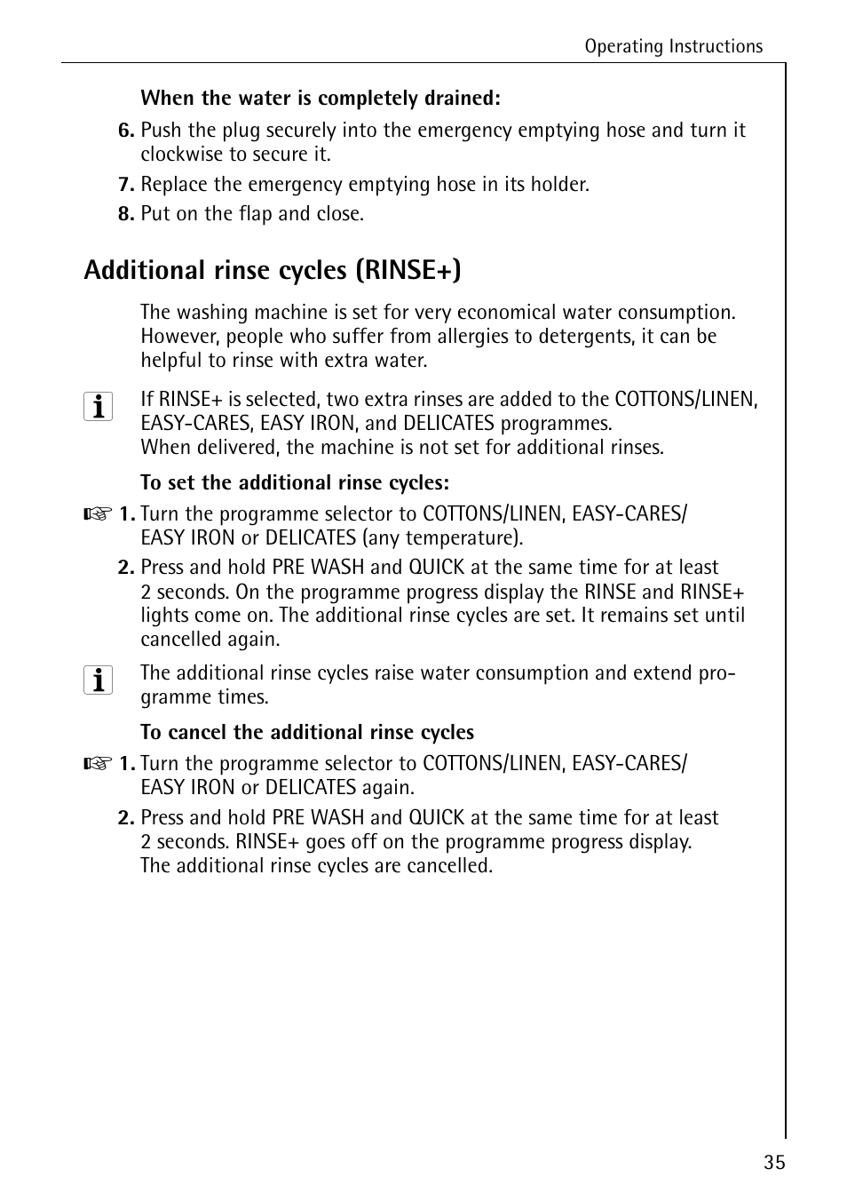 Additional rinse cycles (rinse+) | Electrolux W 1450 User Manual | Page 35 / 52