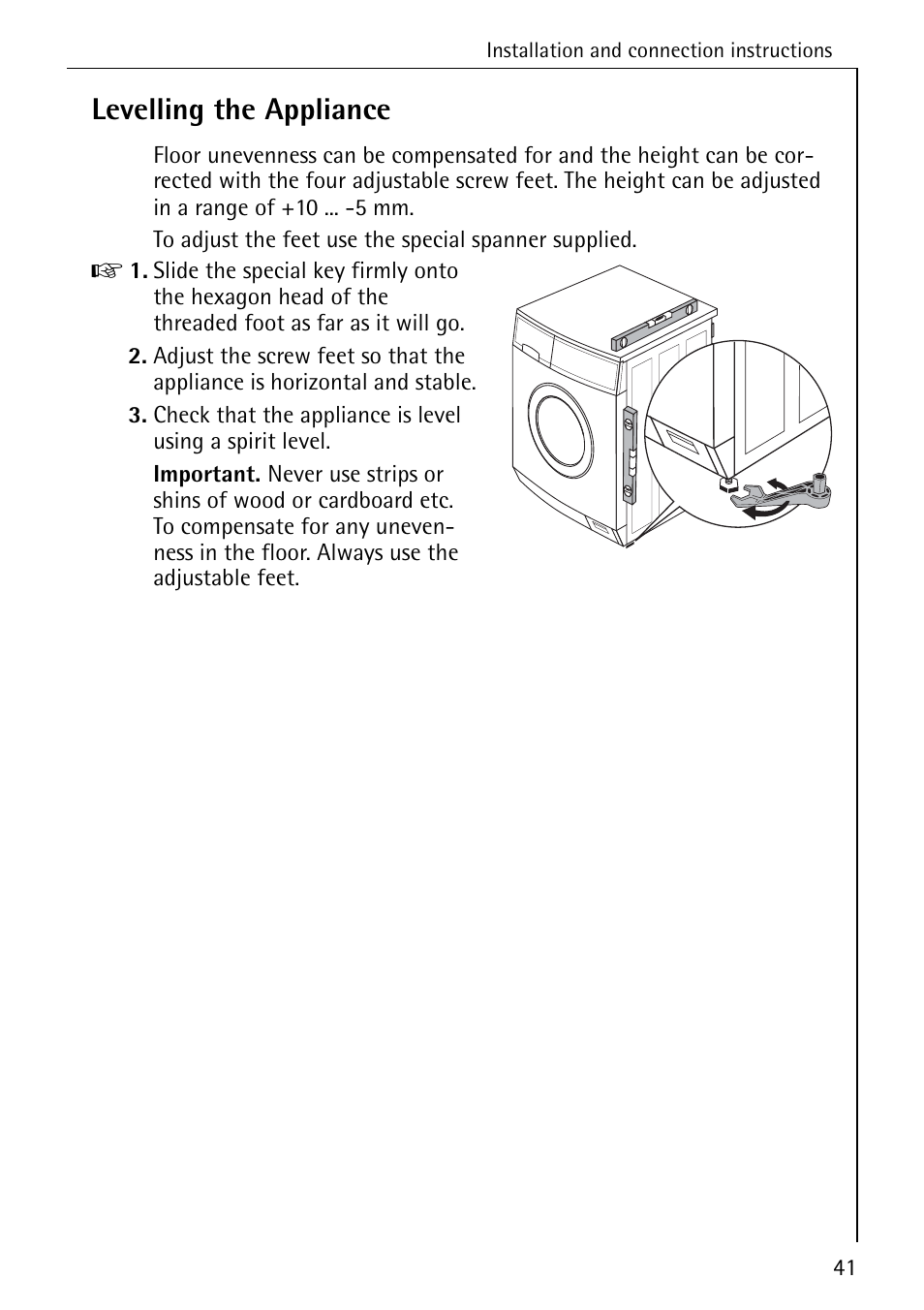 Levelling the appliance | Electrolux W 1450 User Manual | Page 41 / 52