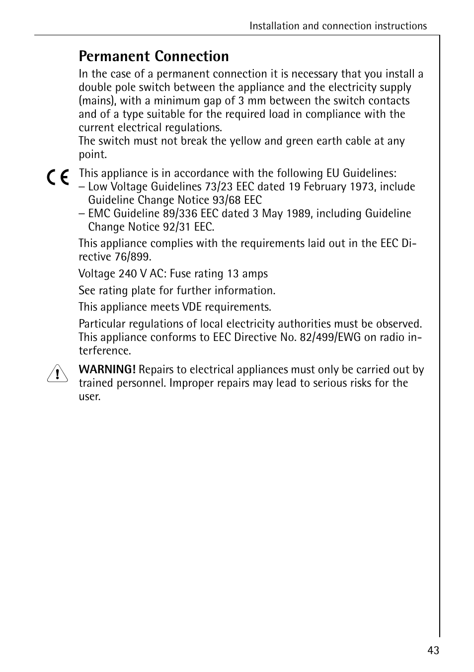 Permanent connection | Electrolux W 1450 User Manual | Page 43 / 52