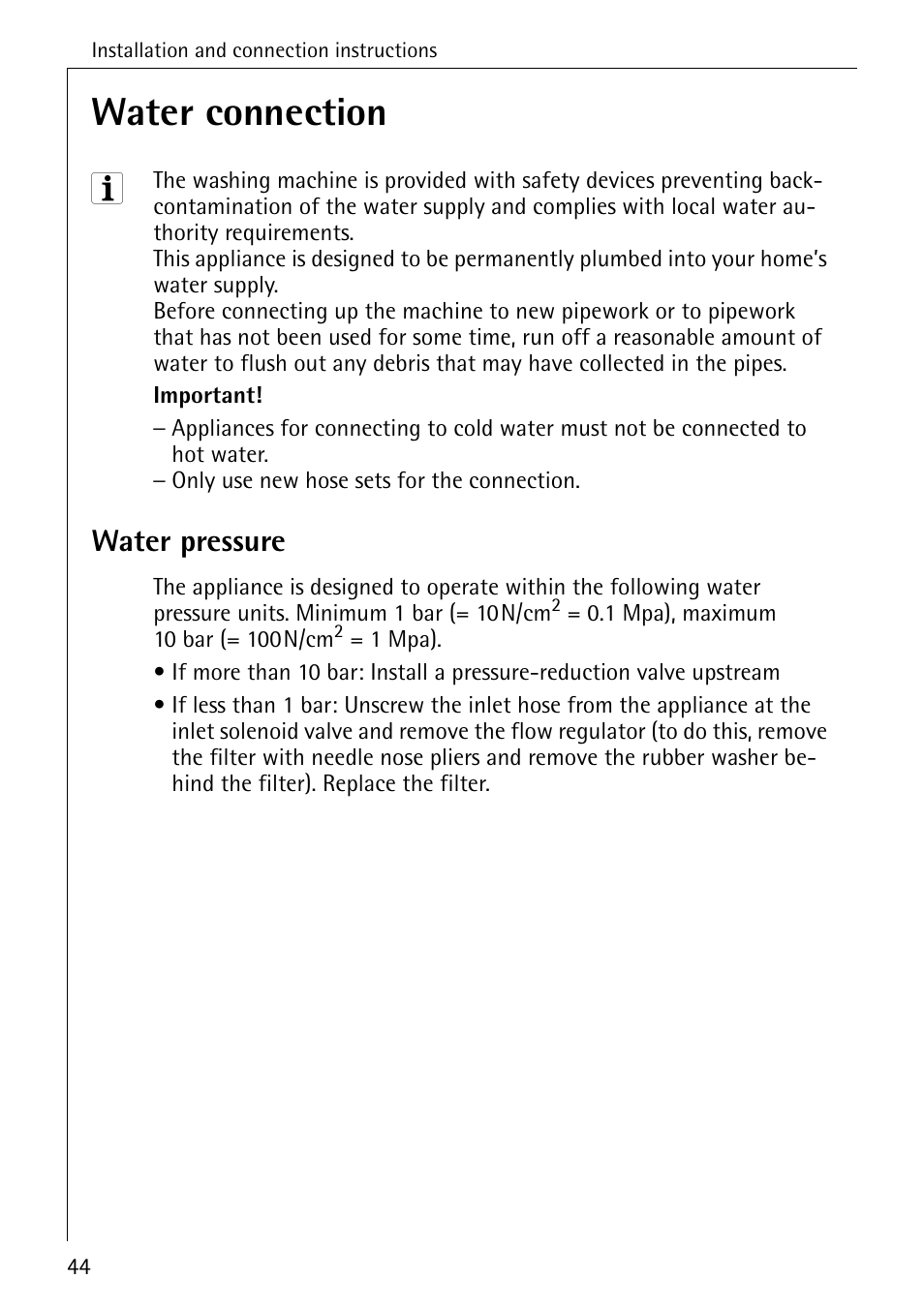 Water connection, Water pressure | Electrolux W 1450 User Manual | Page 44 / 52