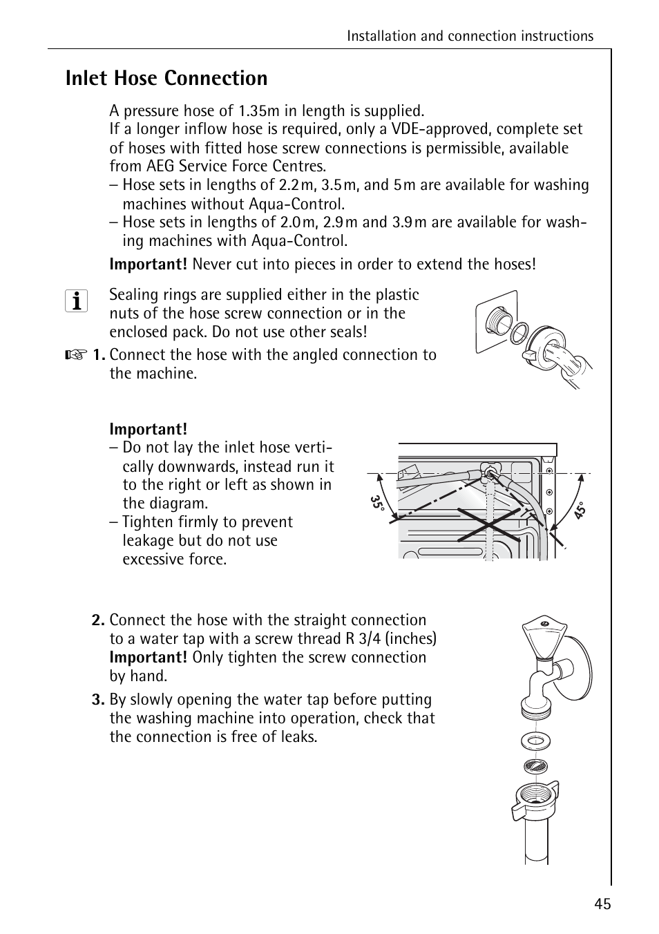 Inlet hose connection | Electrolux W 1450 User Manual | Page 45 / 52