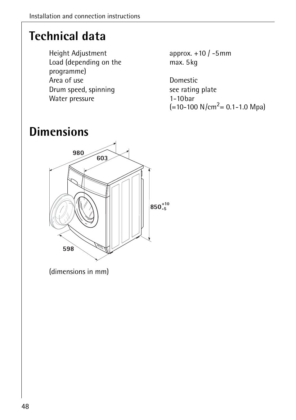 Technical data dimensions | Electrolux W 1450 User Manual | Page 48 / 52