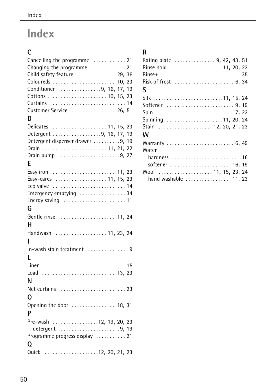 Index | Electrolux W 1450 User Manual | Page 50 / 52