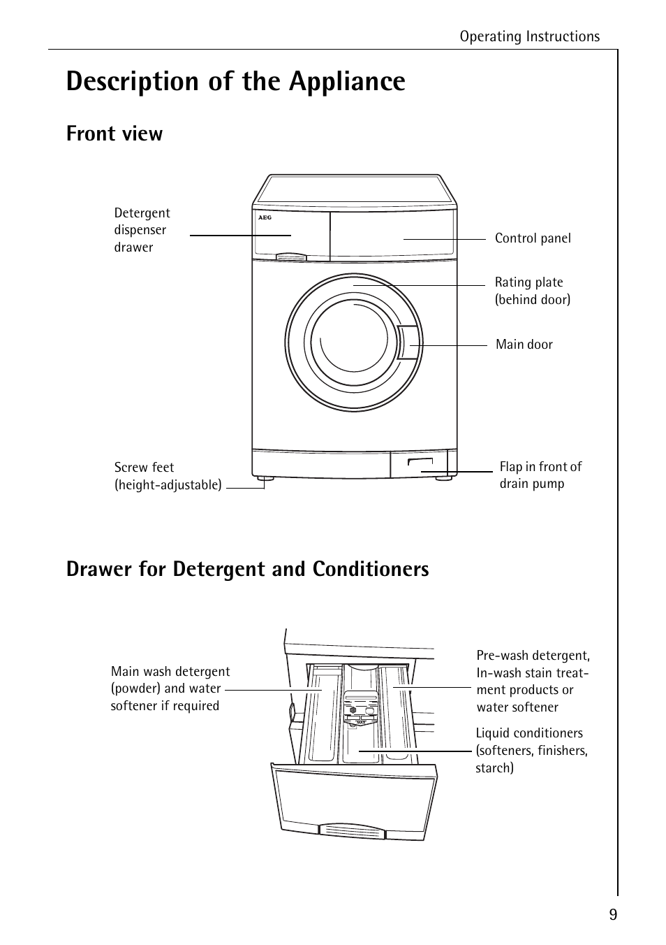 Description of the appliance, Front view drawer for detergent and conditioners | Electrolux W 1450 User Manual | Page 9 / 52