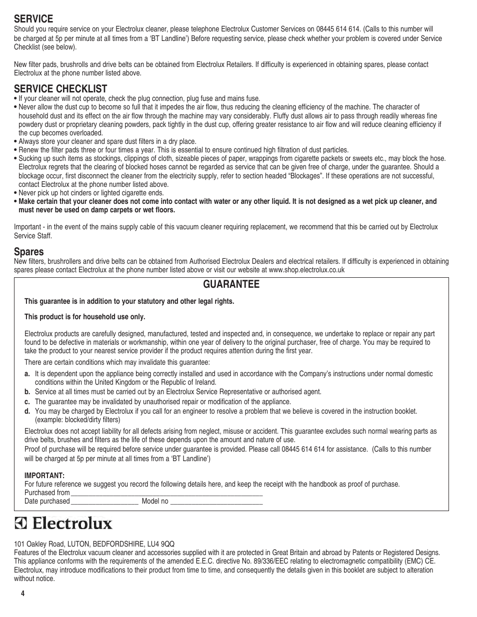 Service, Service checklist, Spares | Guarantee | Electrolux Z9120 User Manual | Page 4 / 8