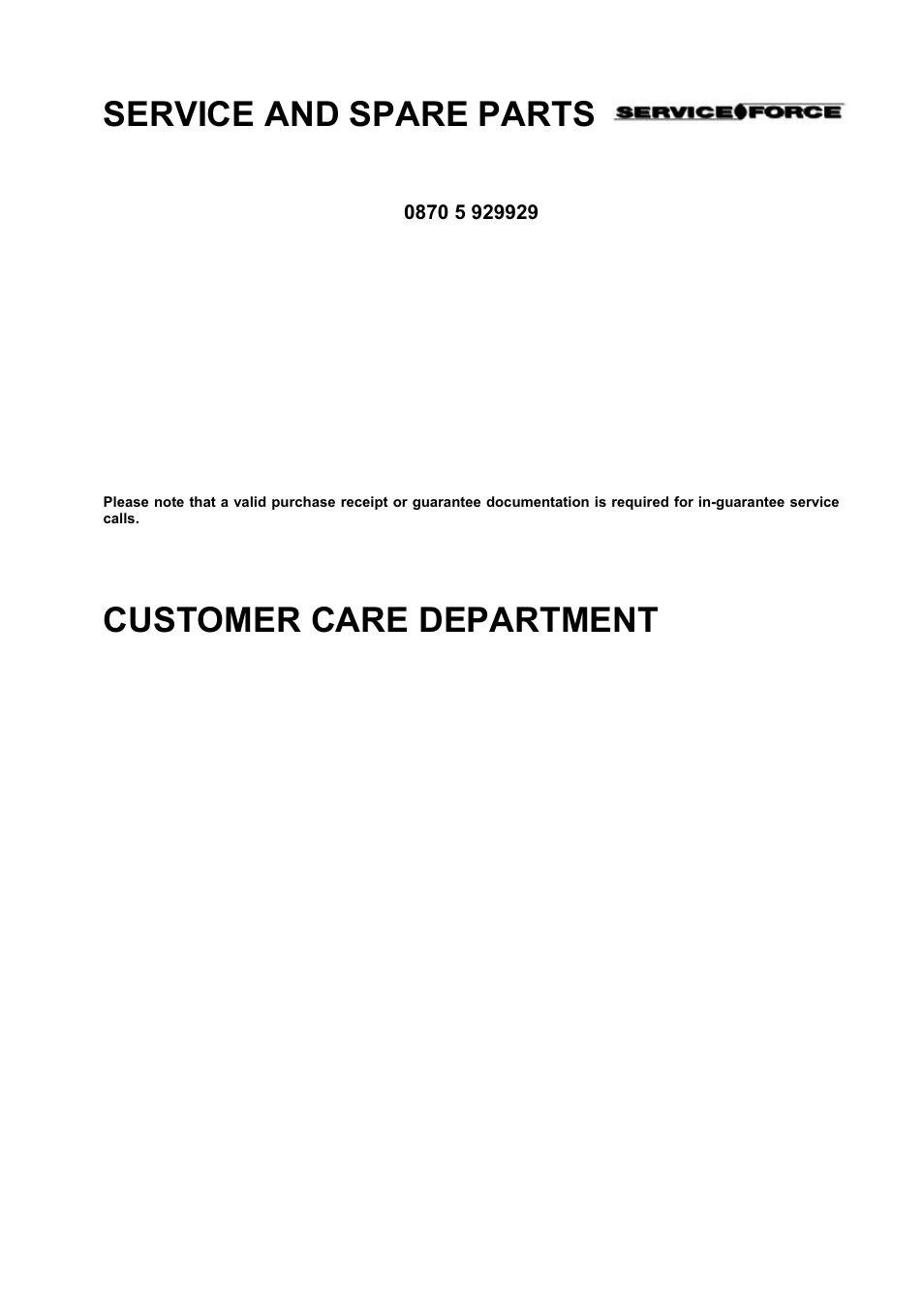 Service and spare parts, Customer care department | Electrolux D77000 User Manual | Page 36 / 44
