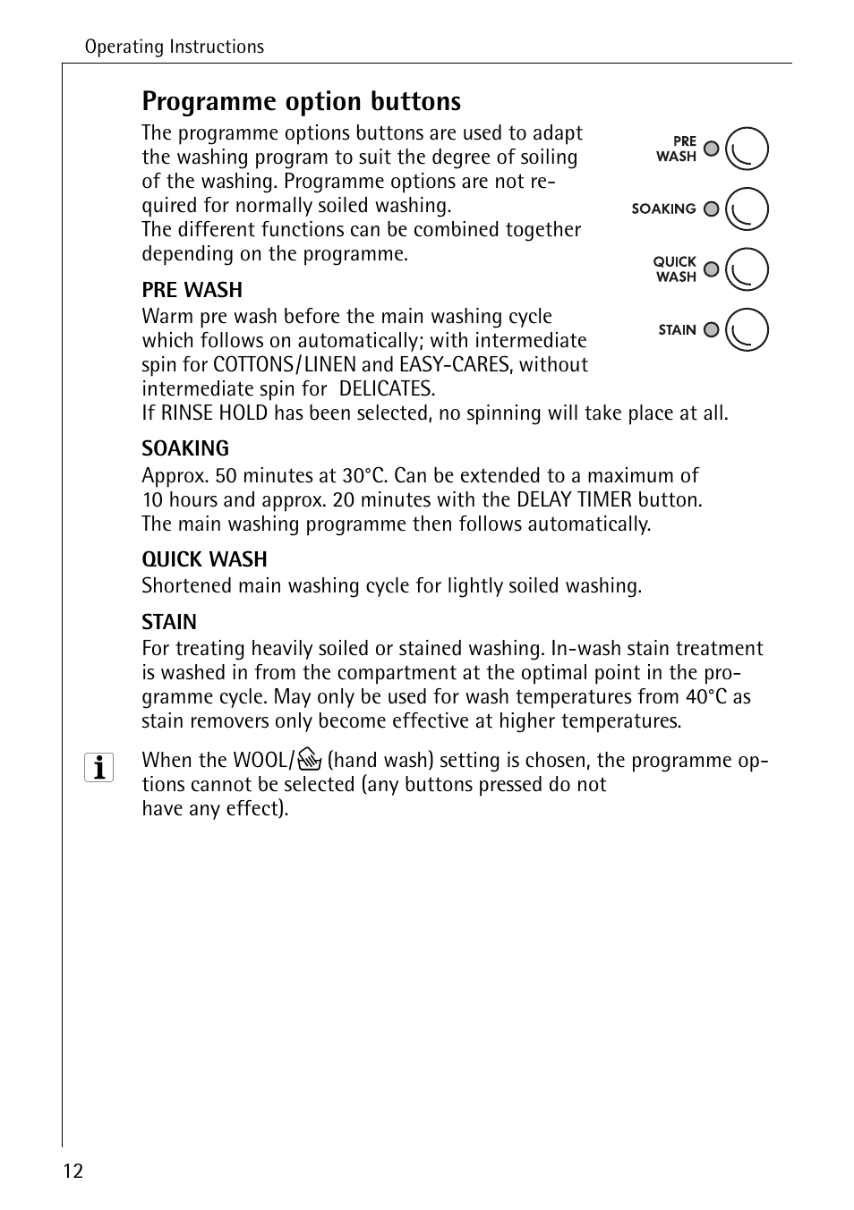 Programme option buttons | Electrolux 74689 User Manual | Page 12 / 56