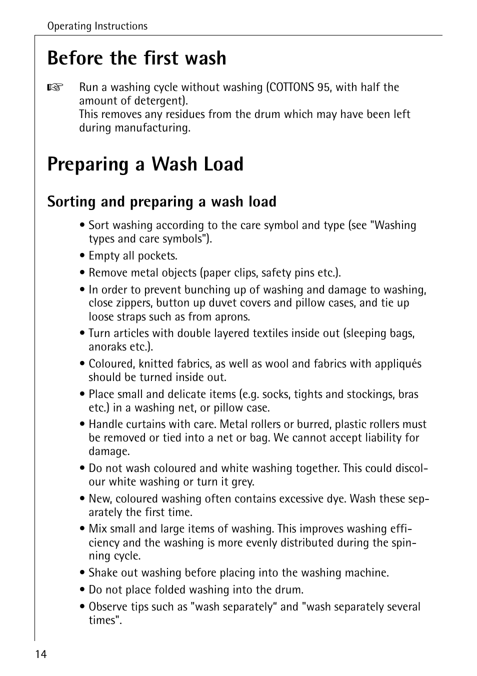 Before the first wash, Preparing a wash load, Sorting and preparing a wash load | Electrolux 74689 User Manual | Page 14 / 56