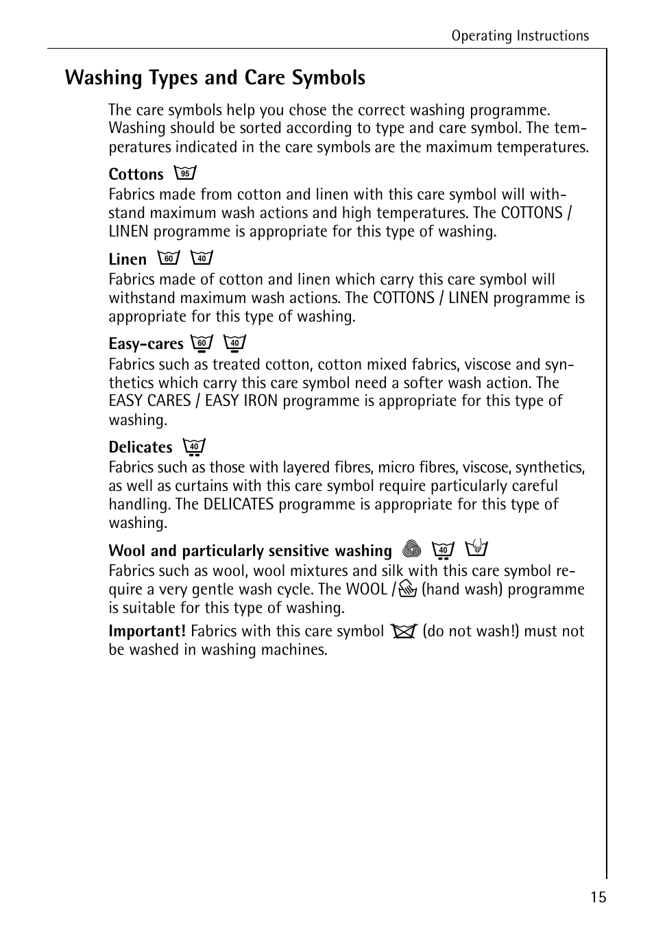 Washing types and care symbols | Electrolux 74689 User Manual | Page 15 / 56