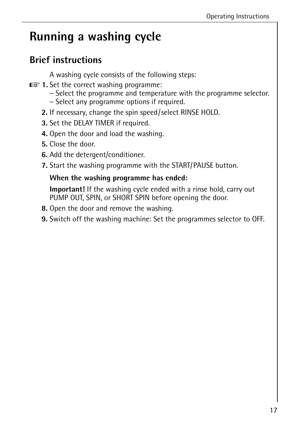 Running a washing cycle, Brief instructions | Electrolux 74689 User Manual | Page 17 / 56