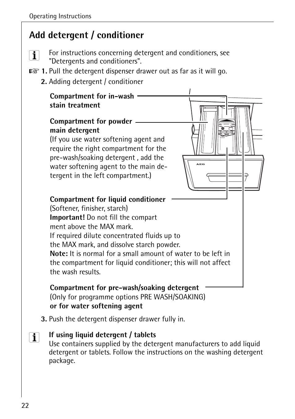 Add detergent / conditioner | Electrolux 74689 User Manual | Page 22 / 56